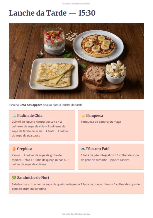 Exemplo de página do plano alimentar personalizado da Dra. Michelle Gomide, com opções ilustradas de lanche da tarde